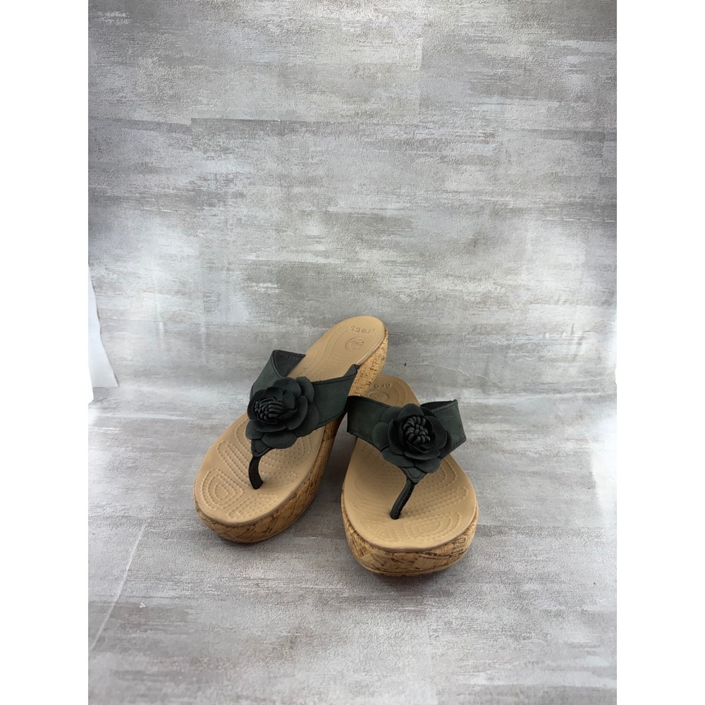 Crocs Women Sz 7 Black Floral Cork Wrap Platform Wedge Thong Sandals